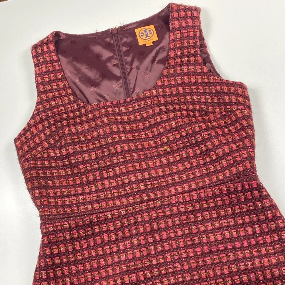 Tory Burch Victory Sheath Sleeveless Dress Sz 8 Red Plaid Wool Blend Lined Tweed